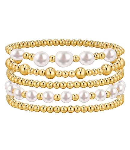adoyi Gold Bracelets for Women, 14K Gold Plated Beaded Bracelets Stack Trendy Stackable Bracelet Set Strand Stretch Pearl Ball Bracelet Bracelet Set Jewelry for Gifts Set for Women Gift 6.8 inches - Image 1