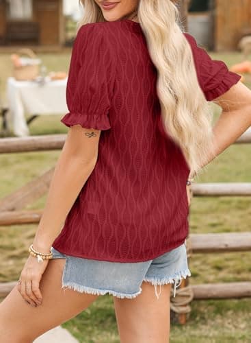 EVALESS Blouses for Women Summer Vacation Outfits - Cute Puff Sleeve Tops - Red Blouses - Dressy Casual Western Clothes - Sexy Tops - Work, X-Large - Thumbnail 4