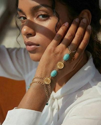 Turquoise Bracelet for Women, 14K Gold Plated Adjustable Stackable Boho Hand Chains - Healing Stone Jewelry Gift for Her, Christmas, Birthday, Dainty Southwest Everyday Good Luck Charm - Thumbnail 3