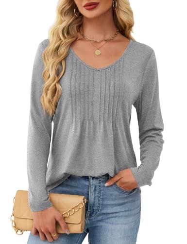 JUSTFASHIONNOW Shirts for Women Trendy Long Sleeve Tops Dressy Blouses Pleated Maternity V Neck Shirt Tunics Early Fall Fashion Winter Clothes (Gray, Large) - Thumbnail 5
