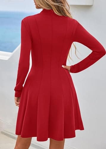 Lazysmile Fall Dresses for Women 2025 Long Sleeve V Neck Half Zip A Line Swing Casual Party Club Mini Short Dress Wine Red - Thumbnail 2