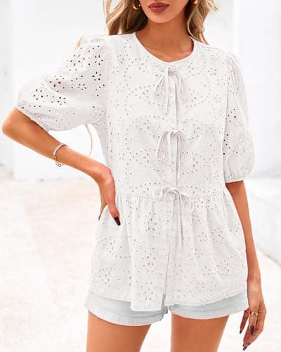 KIRUNDO Peplum Tops for Women 2026 Summer Eyelet Tie Front Blouses Casual Short Lantern Sleeve Cute Y2K Lace Babydoll Shirts(White, XX-Large) - Thumbnail 6