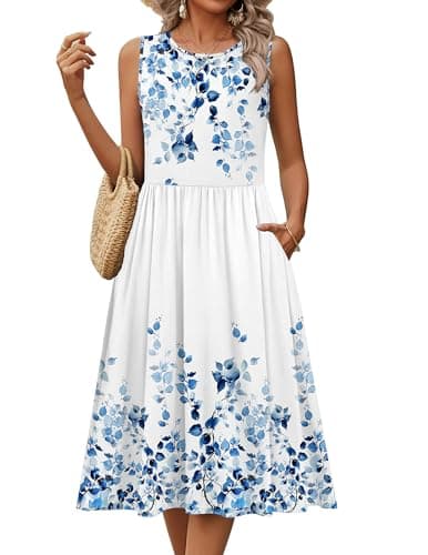 HOTOUCH Womens Long Dresses Summer Midi Tshirt Dress 2026 Sleeveless Casual Beach Sundress Floral Loose Spring Tank Dresses with Pockets Flowy Swing Pleated Dress - Thumbnail 2