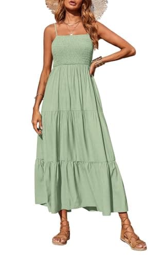 PRETTYGARDEN Summer Dresses for Women 2025 Spaghetti Strap Floral Maxi Dress Sleeveless Smocked Tiered Long Beach Sundress (Bean Green,L) - Image 1