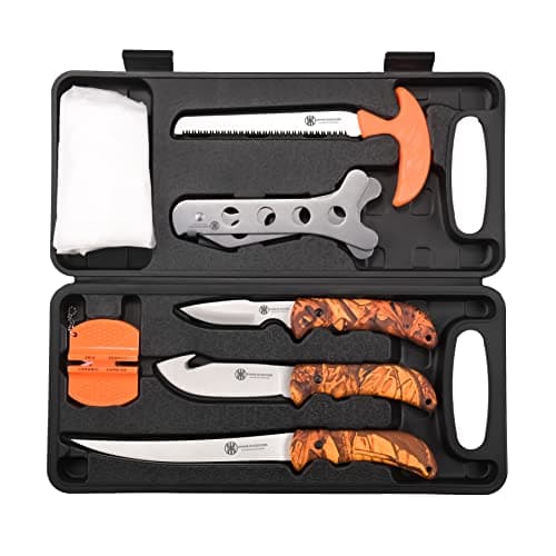 KNINE OUTDOORS Hunting Deer Knife Set Field Dressing Kit Portable Game Processor Set Red Maple Camo Handle, 8 Pieces - Image 1