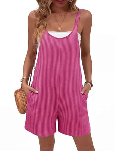 Ekouaer Rompers for Women Casual Loose Sleeveless Overalls Shorts Knit Jumpsuits 2026 Summer Vacation Beach Outfits with Pockets Hot Pink L - Image 1