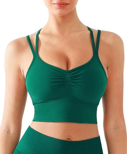 BRXL Lycra Strappy Ruched Sports Bra for Women Breathable Seamless Criss Cross Back Light Support Padded Bras Exercise Yoga Green M - Image 1