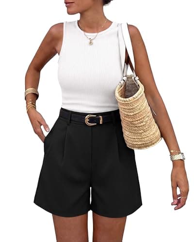 BTFBM 2 Piece Sets for Women Summer 2026 Sleeveless Matching Short Sets Tank Crew Neck Airport Travel Outfits Pockets(White+Black, Small) - Image 1