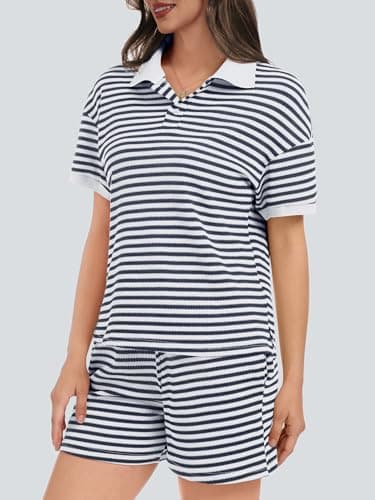 Casly Lamiit 2 Piece Outfits for Women Striped Drawstring Short Sets Casual Short Sleeve Tops 2026 Summer Travel Airport Lounge Set Sweatsuit Navy White 2XL - Thumbnail 3