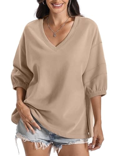 EasyGala Womens Cotton V Neck Sweatshirt 3/4 Sleeve Slouchy Fit Going Out Tops Trendy Side Slit Work Shirt Casual Fall Lightweight Outfits Y2K Winter Clothes 2025 Coffee Grey Medium - Image 1