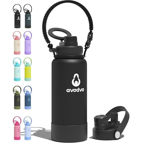 avodvo 32 oz Insulated Water Bottle with 2 Lids (2-in-1 Straw & Spout Lid, Magnetic Lid), Slim Water Bottle with Strap, Stainless Steel Water Bottle for Hiking, Gym, Travel, BPA-Free, Black - Image 1