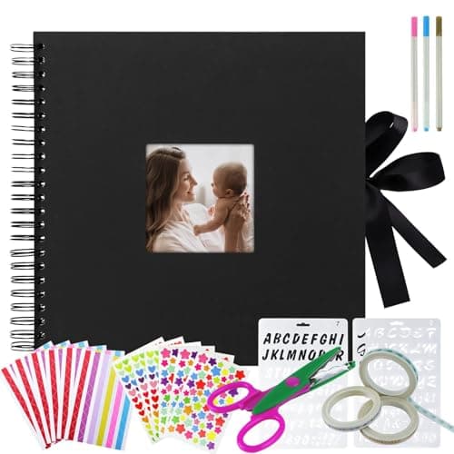 Vienrose Scrapbook Photo Album with Corner Stickers 12x12 inches DIY with Cover Photo Pocket 80 Pages Silk Ribbon Hardcover Album for Guest Book Wedding Baby Shower Christmas Black - Image 1
