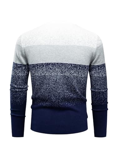 ALLOVIN Men’s Gradient Stripe Knit Sweater – Slim Fit, Soft Wool Blend, Warm & Stylish for Fall Winter | White Blue | Large - Thumbnail 4