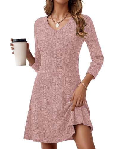 MOLERANI Womens Long Sleeve Dresses Ribbed Knit Fall Lightweight Sweater Dress - Knee Length Slimming Dress for Weddings Dinners Church Thanksgiving, Dusty Pink, M - Image 1