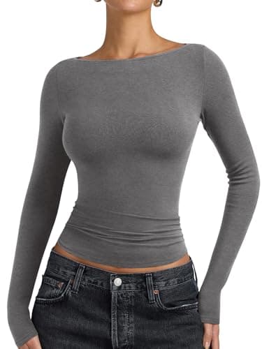 PINKMSTYLE Womens Long Sleeve Boatneck Tops Basic Business Casual Top Fall Shirts Light Grey Medium - Image 1