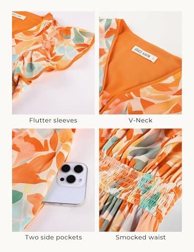 GRACE KARIN 2026 Summer Wedding Guest Dresses for Women Ruffle Sleeve Boho Midi Dress Smocked Flowy Floral Dress with Pocket Orange Blue M - Thumbnail 3
