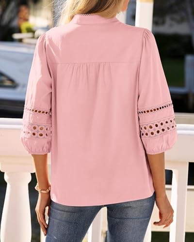 BTFBM 3/4 Length Sleeve Womens Tops Summer Blouses Eyelet Hollow Out Button Down Shirts Business Casual Outfits 2026(Pink, Small) - Thumbnail 3