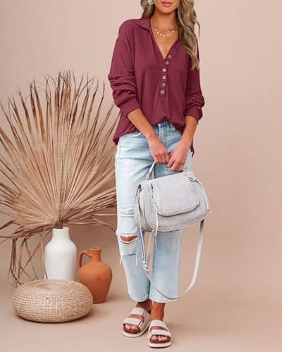 BTFBM Women Casual Button Down Fall Blouses 2025 Long Sleeve Solid Business Work Tops Cute Relaxed Fit Shirts(Solid Wine Red, Large) - Thumbnail 2