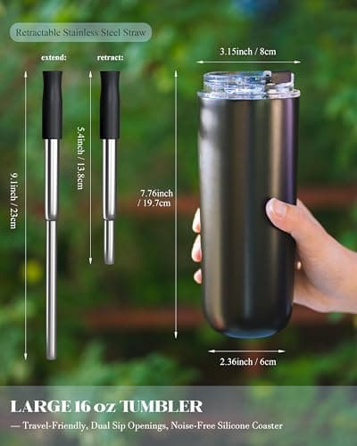 UIRZOTN 16 oz Insulated Coffee Tumblers, Travel Coffee Tumblers with Straw, Double-Wall Stainless Steel Tumbler, Leak Proof Tumbler, Reusable Cups with Lids for lced and Hot Drinks (Black) - Thumbnail 5