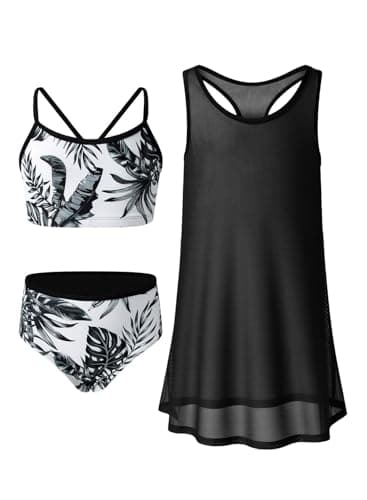 blibean Tween Girls Swimsuit Teen 3 Piece Bathing Suit with Cover Up Big Kids Cute Bikini Set Mesh Tankini Top Summer Boho Floral Swimwear Beach Traje Baño Niñas Size 12-13 Year Old Black - Image 1