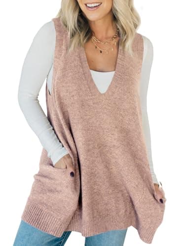 Saodimallsu Womens Sleeveless Sweater Vest V Neck Loose Knit Casual A Line Flattering Tunic Top with Pockets Dark Pink - Image 1
