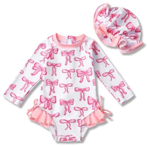 AMAWMW Infant Baby Girl Swimsuit Long Sleeve One-Piece Swimwear with Hat Rash Guard Floral Zipper Bathing Suit Beach Wear - Image 1