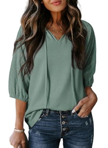 Dokotoo Tops for Women Trendy 2026 Casual Loose Date Outfits Embroidered Hollow Out Ladies Tops and Blouses 3/4 Sleeve Shirts Cozy Waffle Knit Lace V Neck Summer Outfits for Women Mist Green X-Large - Image 1