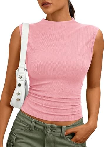 PRETTYGARDEN Sleeveless Tops for Women Ribbed Mock Neck Tank Top Slim Fitted Ruched Basic Layering Shirts 2026 Summer Clothes (Pink,Small) - Image 1