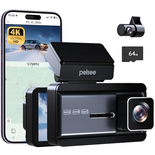Pelsee 4K Dash Cam Front and Rear, 64GB SD Card, Dual Dash Camera for Cars with Wi-Fi, GPS, ADAS, BSD, LCA, 3’’ IPS Display Car Camera, APP & Voice Control, Night Vision, 24H Parking Mode - Image 1