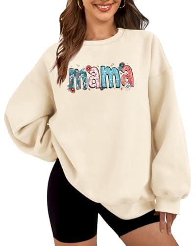 HEYTALALA Mama Sweatshirt for Women Oversized Crewneck Pullover Hoodies Graphic Tops Long Sleeve Mom Shirts Beige - Image 1