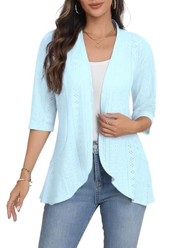 Askyes Womens Casual 3/4 Sleeve Eyelet Cardigan Lightweight Fashion Soft Loose Open Front Work Shrugs Cardigans,Sky Blue,M - Image 1