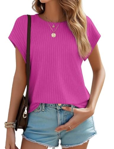 JUSTFASHIONNOW Short Sleeve Blouses for Women Business Casual Shirts Crew Work Tops Neck Basic Tees Textured Cute Office Outfits(Rose Red,S) - Image 1