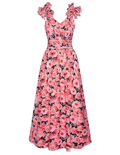 GRACE KARIN 2025 Women's Summer Floral Print Dress Sleeveless Casual Flowy Sundress A Line Ruffle Wedding Guest Outfit Red Floral M - Image 1
