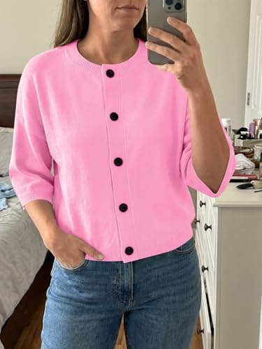 Saodimallsu Womens Short Sleeve Cardigan Sweaters Crew Neck Button Down Lightweight Casual Summer Knit Tops Pink - Thumbnail 2
