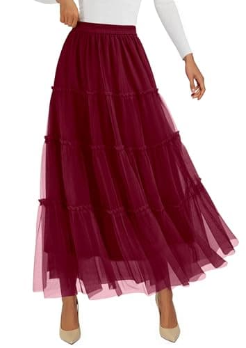 PRETTYGARDEN Tulle Skirts for Women 2026 Spring Fashion Elastic High Waisted Tiered Flowy Fairy A-Line Casual Maxi Long Skirt (Burgundy,X-Large) - Image 1