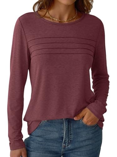 NORACORA Womens Long Sleeve Tops Spring Round Neck Dressy Shirts Tunic Pleated Tees Business Casual T-Shirts Fall Goning Out Outfits Wine Red XXL - Thumbnail 3