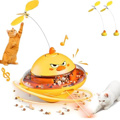 hooroor 4-in-1 Automatic Cat Interactive Toy, Self-Balancing Spinning Laser Pointer w/Feather Teaser&Treat Dispenser, Bird Chirping, 360° Rotation, Quad-Sensory Boredom Relief for Indoor Cats