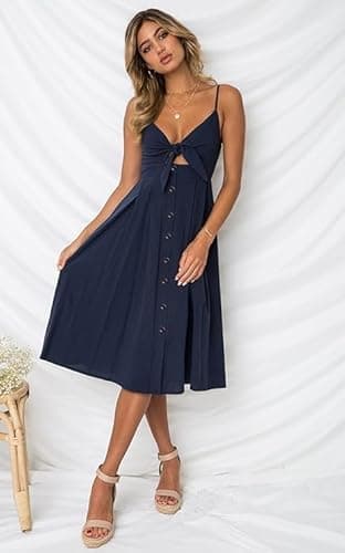 ECOWISH Women 2024 Summer Dresses Tie Front V-Neck Spaghetti Strap Button Down A-Line Backless Swing Midi Dress 572 Navy Blue L - Thumbnail 3