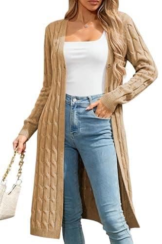 Cakulo Womens Long Cardigans Cable Knit Chunky Cardigan Sweaters Open Front Fall Winter Fashion Outfits Coats 2025 Brown S - Image 1