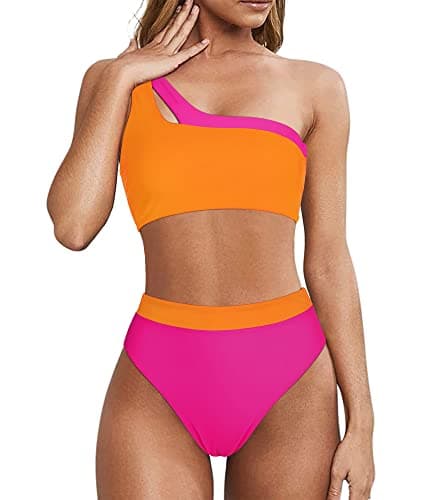 MOOSLOVER Women Cutout One Shoulder High Waisted Bikini High Cut Two Piece Swimsuits(XL,Rose Orange) - Image 1