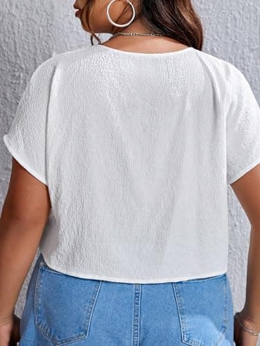 MakeMeChic Women's Plus Size Ruched Front Short Sleeve Shirts Casual V Neck Crop Top Blouse White 3X-Large Plus - Thumbnail 2