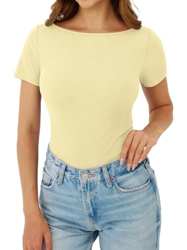 GKBK Boat Neck Tops for Women Ribbed Short Sleeve T-Shirts Slim Fitted Tight Compression Top Soft Y2K Basic Casual Going Out Tops for Spring Summer 2026 Trendy Fashion Outfits Light Yellow - Thumbnail 6