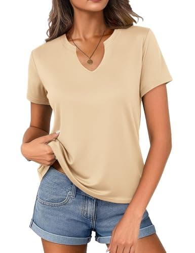 Women's V Neck Cotton T-Shirts Breathable Short Sleeve Tops Lightweight Stretch Summer Tees (Khaki,X-Large) - Image 1