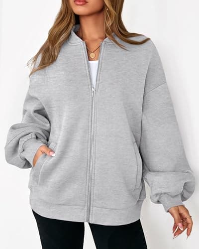 KIRUNDO Oversized Sweatshirt for Women Zip Up Bomber Jacket 2026 Fall Fashion Casual Long Sleeve Outerwear Winter Outfits(Grey, Medium) - Thumbnail 3