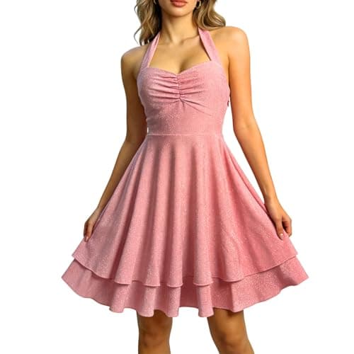 Mogancaiyi Sparkly Halter Dress for Women, Sleeveless Cocktail Party V Neck Sparkling Dresses Women's Evening Clubwear (US, Alpha, XX-Large, Regular, Regular, Pink) - Image 1
