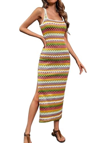 PRETTYGARDEN Tank Dress for Women 2026 Summer Casual Striped Maxi Dresses Fitted Square Neck Beach Vacation Bohemian Sundress (Green,L)