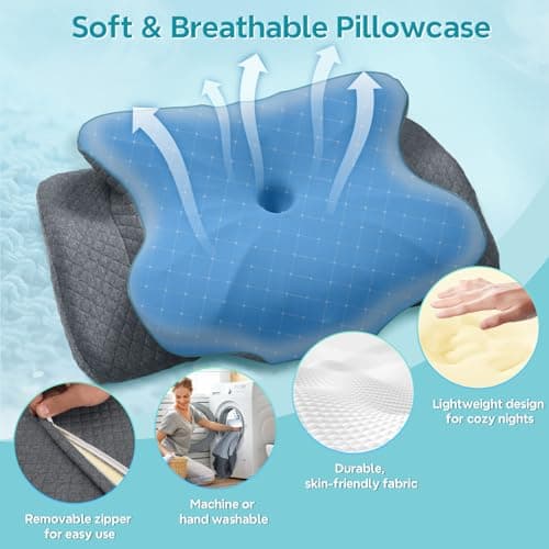 ZeroZillo Cervical Neck Pillow for Sleeping, Ergonomic Memory Foam Pillow for Neck Pain Relief, Dual Height Contour Support for Side and Back Sleepers, Cooling Breathable Pillowcase, Grey - Thumbnail 4