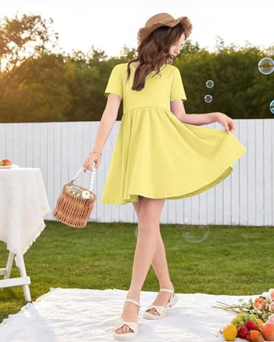 Girls Floral Mini Summer Dress Short Sleeve Crew Neck Casual Cute Sundress for Toddler Little Kids with Pockets for 5-14 Years Yellow S - Thumbnail 3
