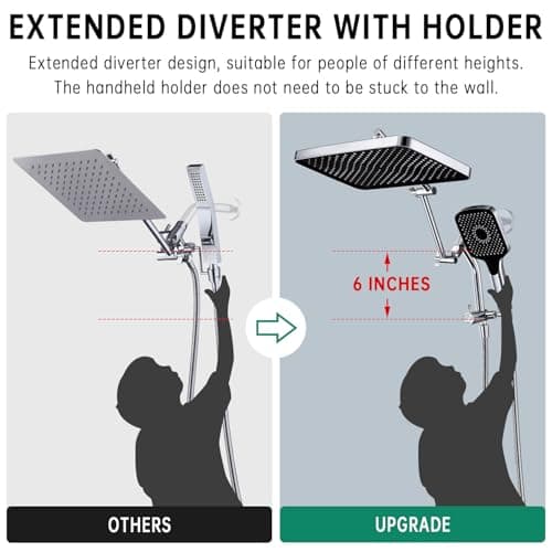 13-Inch Shower Heads with Multi-Function Handheld Sprayer Combo, 3-Way Metal Extended Diverter with Holder and Metal Adjustable Shower Extension Arm, Extra Long Hose(Chrome) - Thumbnail 2