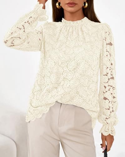 KIRUNDO Blouses for Women Dressy Casual Lace Long Sleeve Tops Mock Neck Ruffle Shirts 2026 Spring Fall Fashion Clothing(Apricot, Small) - Thumbnail 6